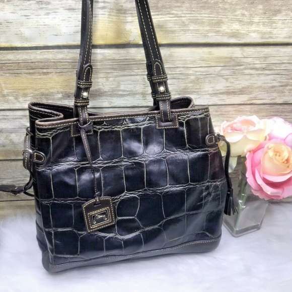 Vntg Dooney & Bourke Croc Embossed Brown Leather Purse Shoulder Bag Bucket Hobo